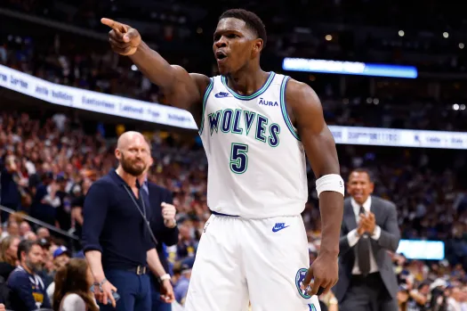 Minnesota Timberwolves' Anthony Edwards celebrating a made three in Game 7 vs the Denver Nuggets.