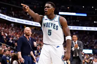 Minnesota Timberwolves' Anthony Edwards celebrating a made three in Game 7 vs the Denver Nuggets.