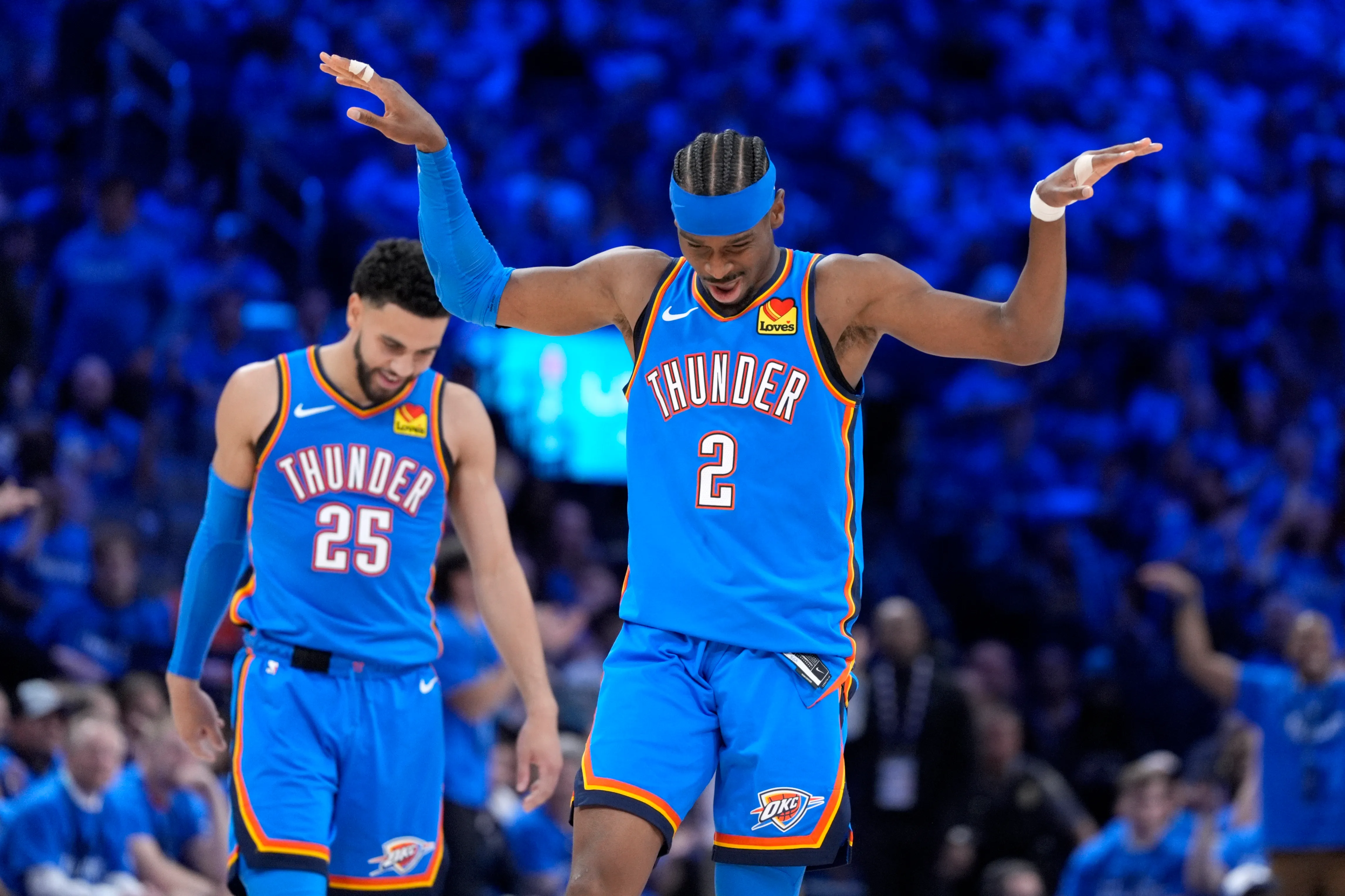 Shai Gilgeous-Alexander and Ajay Mitchell of the Oklahoma City Thunder.