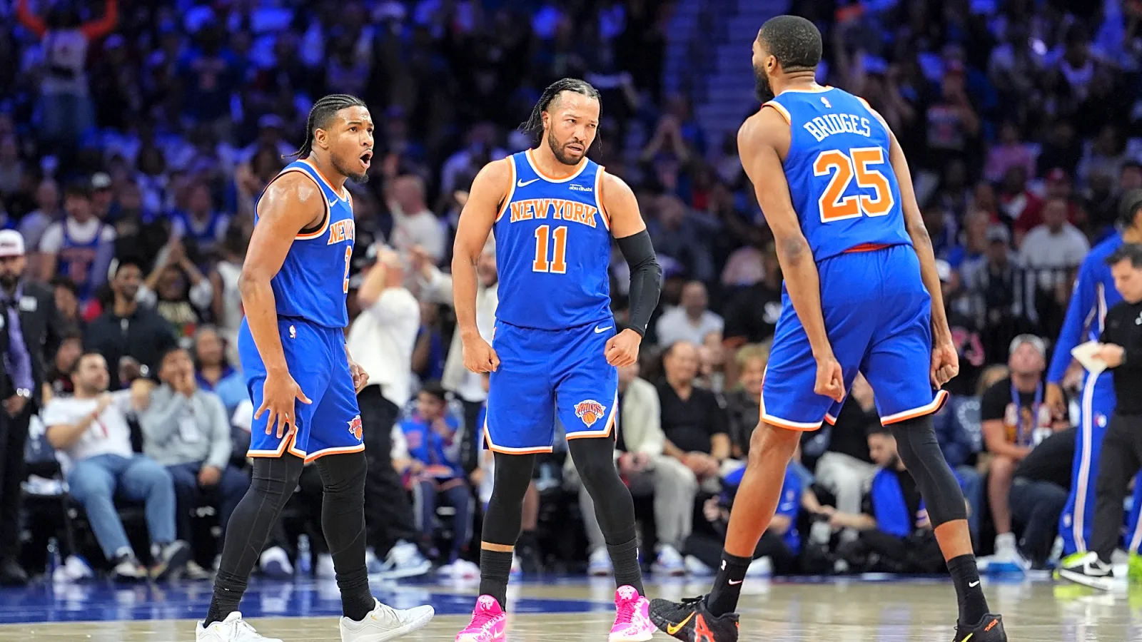 Deuce McBride, Jalen Brunson, Mikal Bridges celebrating during the Knicks' East Semis series vs the Philadelphia 76ers.