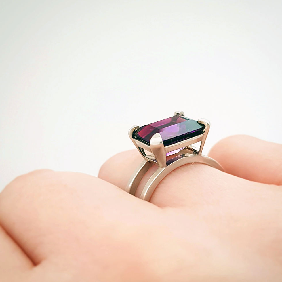 Thumbnail: Parallel silver cocktail ring with double line frame band and large emerald cut purple Amethyst, prong set sideways, angled v