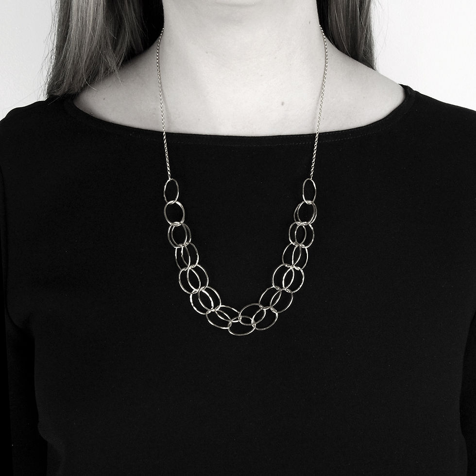Thumbnail: Cascade double oval chain necklace in silver worn long