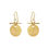 Thumbnail: Pair of gold shimmer textured disk drop earrings with a t-bar hanger hook