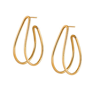 Gold double line oval hoop earrings by Heather O'Connor on a white background