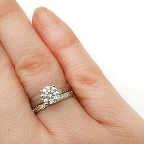 Diamond ring on finger, WEDDING, close-up shot of engagement band.