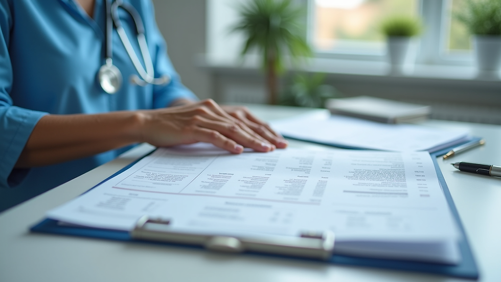 Close-up view of a healthcare professional reviewing medical billing documents