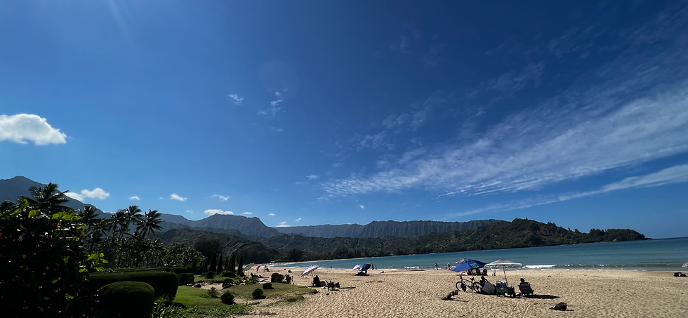 View from the sandy Hanalei Beach of the beautiful surrounding mountains