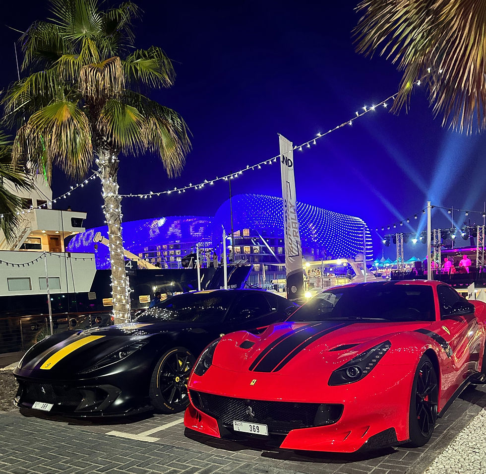 Supercars outside the yacht parties in YAS Marina at the Abu Dhabi Grand Prix; Bubbly Tourist Ultimate Guide to Abu Dhabi Grand Prix; Places to see; things to do