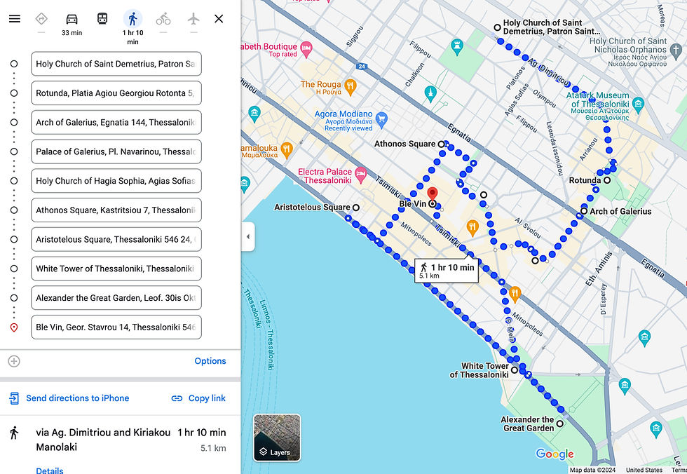 Walking Tour Map of Thessaloniki, Greece; Bubbly Tourist 1-Day Itinerary of Must-See sights and activities