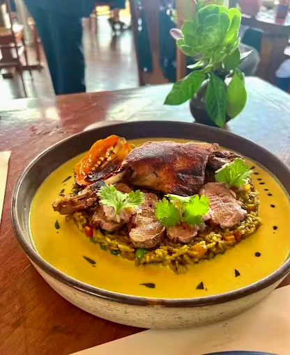 Traditional Peruvian roasted duck served over rice, Sacred Valley
