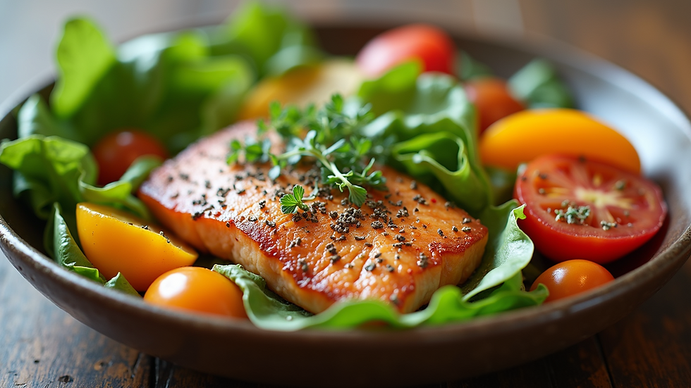 Close-up view of a healthy meal with colorful vegetables and lean protein
