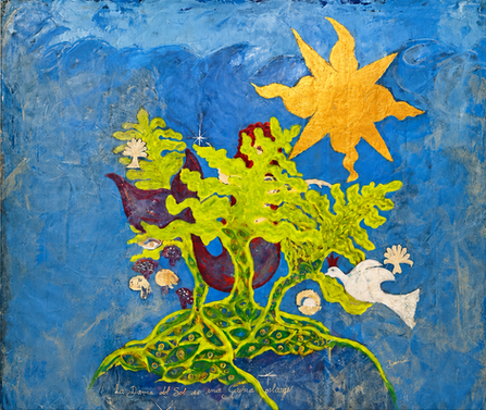 A luminous, mythic composition in which the feminine, the animal world and the natural world appear to grow from the same living source. At the centre, a mermaid-like figure emerges through an abundant network of organic forms, eyes, leaves and roots, surrounded by birds, flowers, fungi and a radiant golden sun. The work moves between dream, folklore and inner landscape. Its saturated Mediterranean blue creates an expansive, almost celestial field, while the greens, reds, whites and gold bring the central imagery forward with a playful, instinctive intensity. Recurring symbols in Delmar León’s practice — particularly the eye, the feminine figure and elements drawn from nature — appear here as interconnected forms of perception and transformation. The painting suggests a world in which everything is watching, growing and participating: human, animal, vegetal and celestial. Created through richly worked layers and the artist’s characteristic use of texture, La Sirena del Sol invites the viewer to look slowly and discover its smaller creatures, gestures and symbols over time. For the Artists of Mallorca listing, I would also use this shorter version if their website favors concise descriptions: La Sirena del Sol is a dreamlike Mediterranean world where feminine, animal, vegetal and celestial forms merge into a single living ecosystem. A mermaid-like figure rises through roots, eyes and foliage beneath a radiant golden sun, surrounded by birds, flowers and small symbolic creatures. Through vivid colour, layered texture and recurring motifs of vision and transformation, Delmar León creates an image that feels at once playful, mythic and deeply instinctive.
