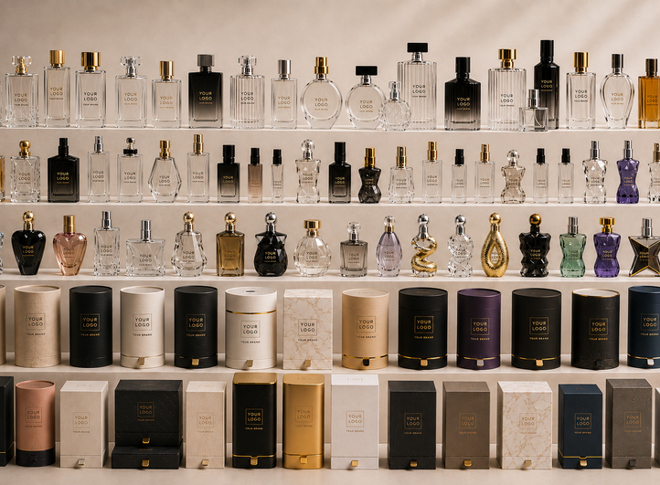 Collection of diverse perfume bottles on display shelves.