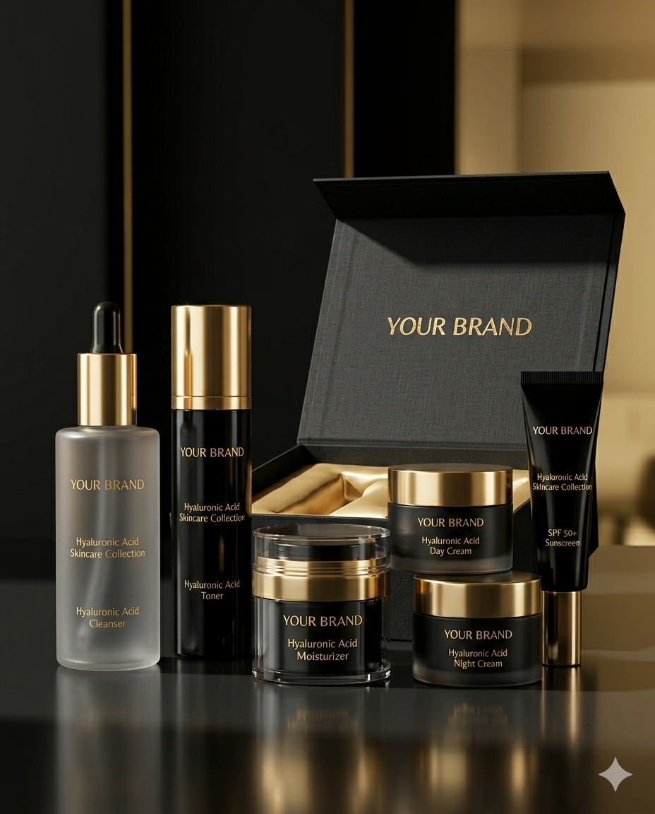थंबनेल: Private label luxury hyaluronic acid skincare set in black and gold
