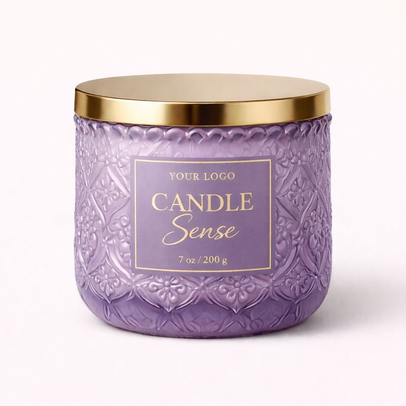Thumbnail: Purple embossed soy wax candle with gold lid.
