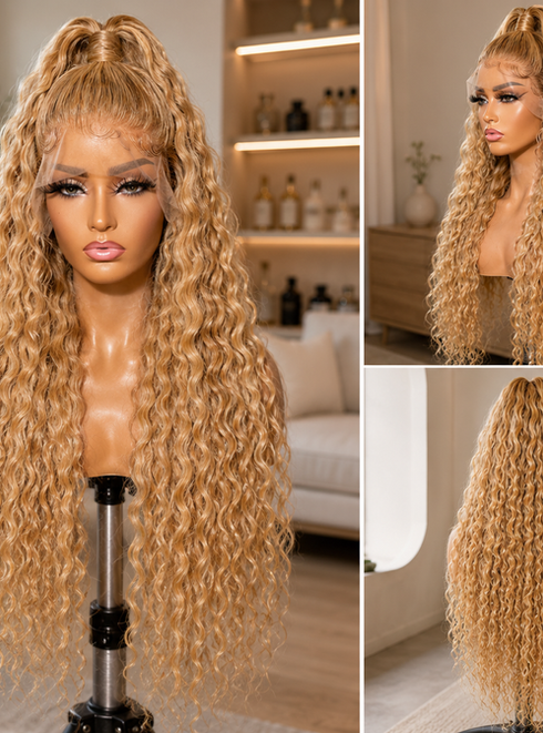 Long blonde curly lace front wig with high ponytail