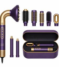 Purple and gold hair styling kit with attachments and case