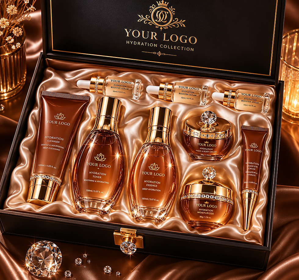 थंबनेल: Luxury private label hydration skincare set in gold bottles.