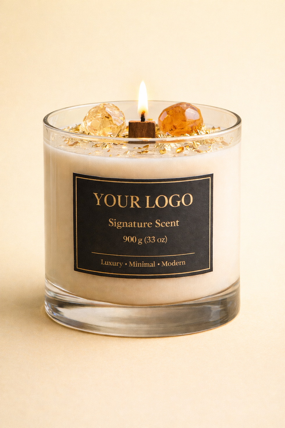 Private label crystal infused soy wax candle with lit wick.