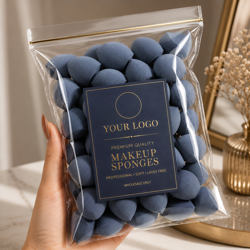Миниатюра: Private label blue makeup sponges in wholesale packaging.