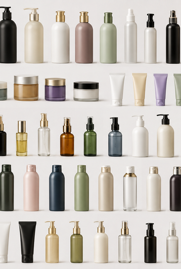 Rows of assorted cosmetic bottles, jars, and tubes.
