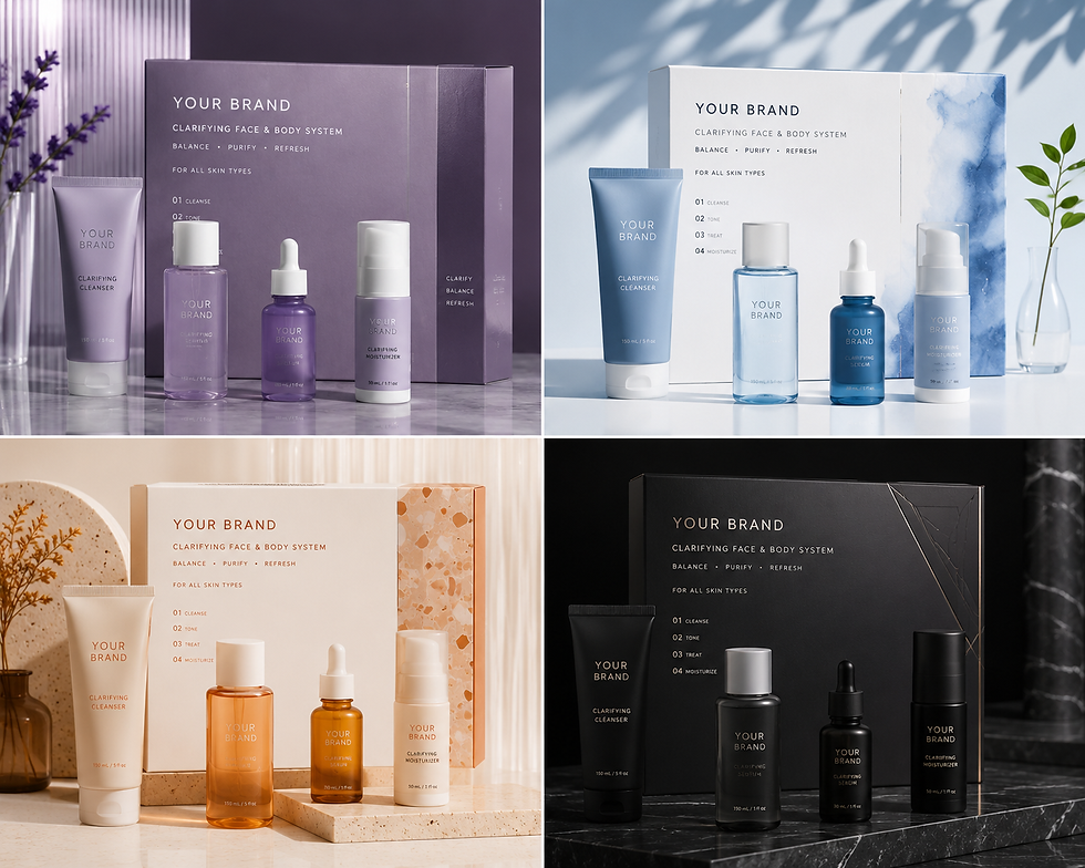 Thumbnail: Four private label clarifying face and body system kits.