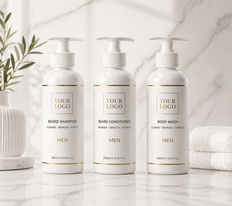Private label beard shampoo, conditioner, and body wash.