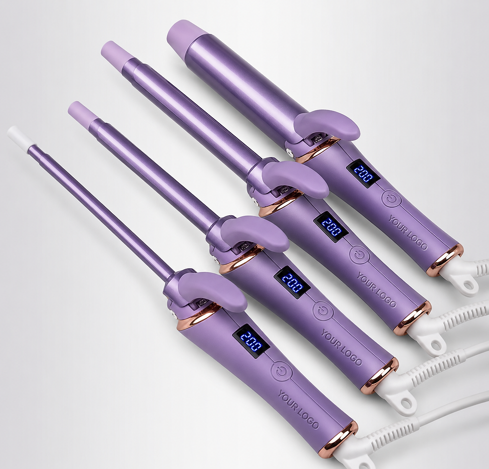 Miniaturebillede: Four purple salon-style curling irons in various barrel sizes