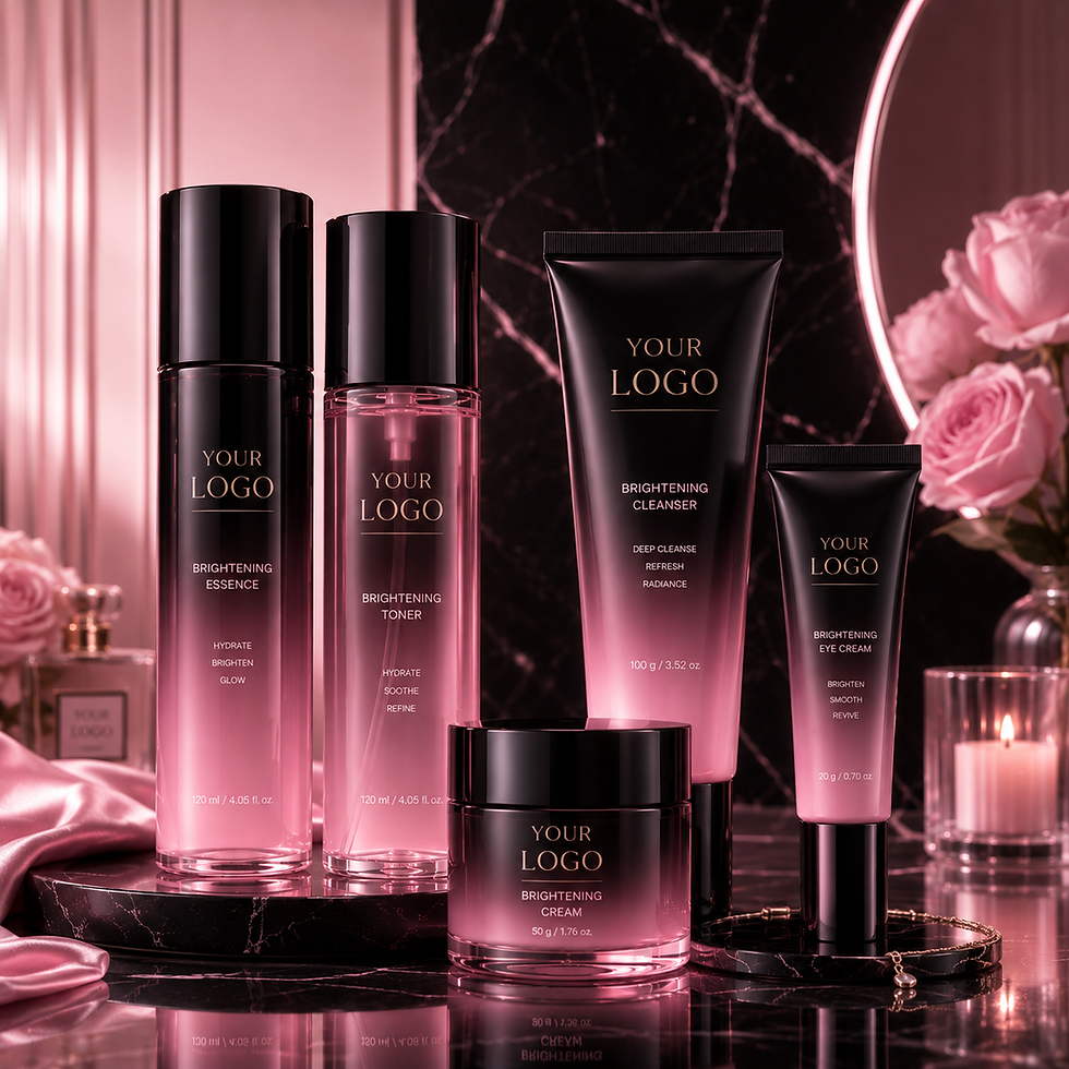 섬네일: Private label luxury brightening skincare set in pink bottles.