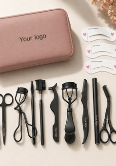 Pink cosmetic case with eye makeup tools
