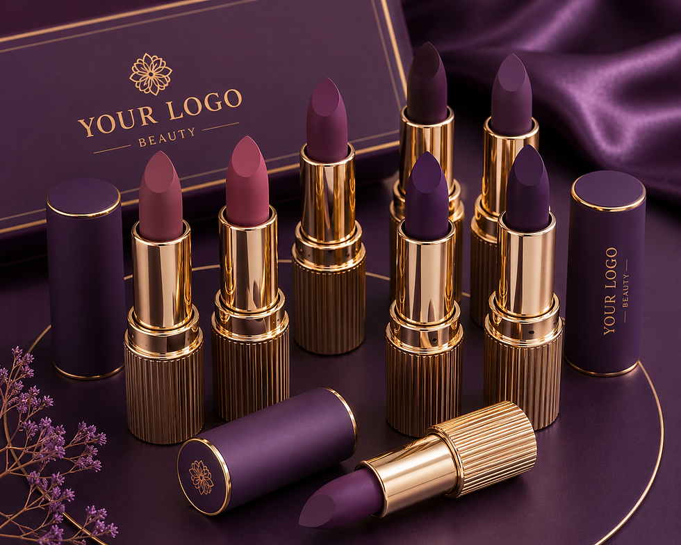 Miniature : Luxury private label matte lipstick in purple shades.