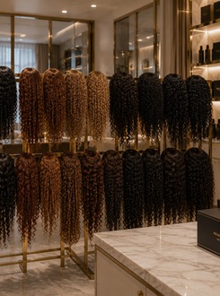 Curly hair extensions display in a women's cosmetic store.