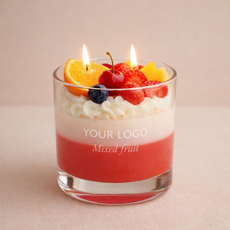 Mixed fruit dessert-style soy wax candle with two flames