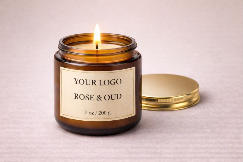 縮圖：Lit Rose & Oud scented soy candle in amber glass jar.