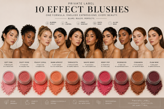 10 Private Label blushes in various shades on diverse models