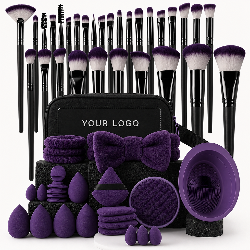 サムネイル： Private label makeup brush set with purple accessories