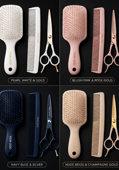 Hair brushes, combs, and scissors in various colors.
