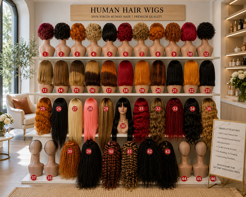 Küçük resim: Collection of virgin human hair wigs on numbered mannequins