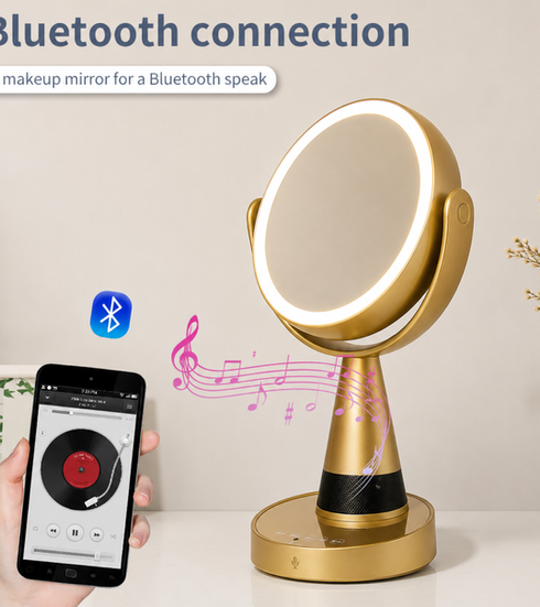 Gold lighted makeup mirror with Bluetooth speaker