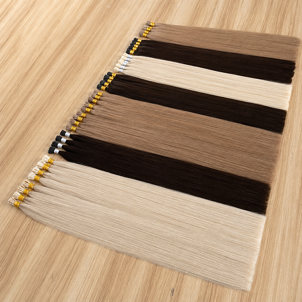 サムネイル： Bundles of Russian Keratin I-Tip Hair Extensions in various shades.