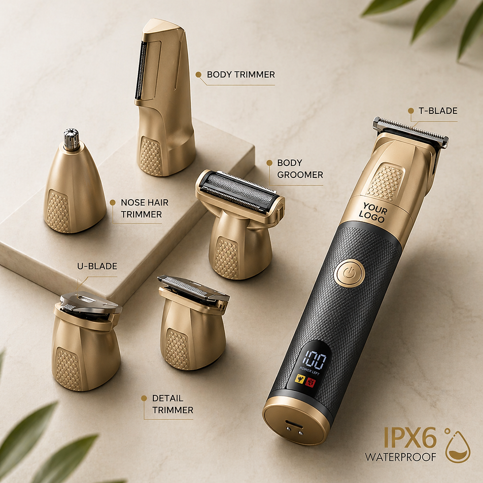 Gold 6-in-1 multi-functional trimmer set with attachments.