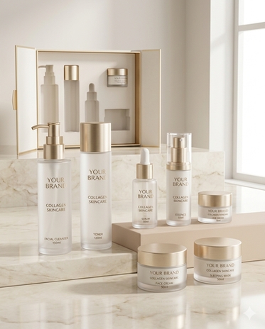 Luxury skincare set with gold-capped bottles and jars.