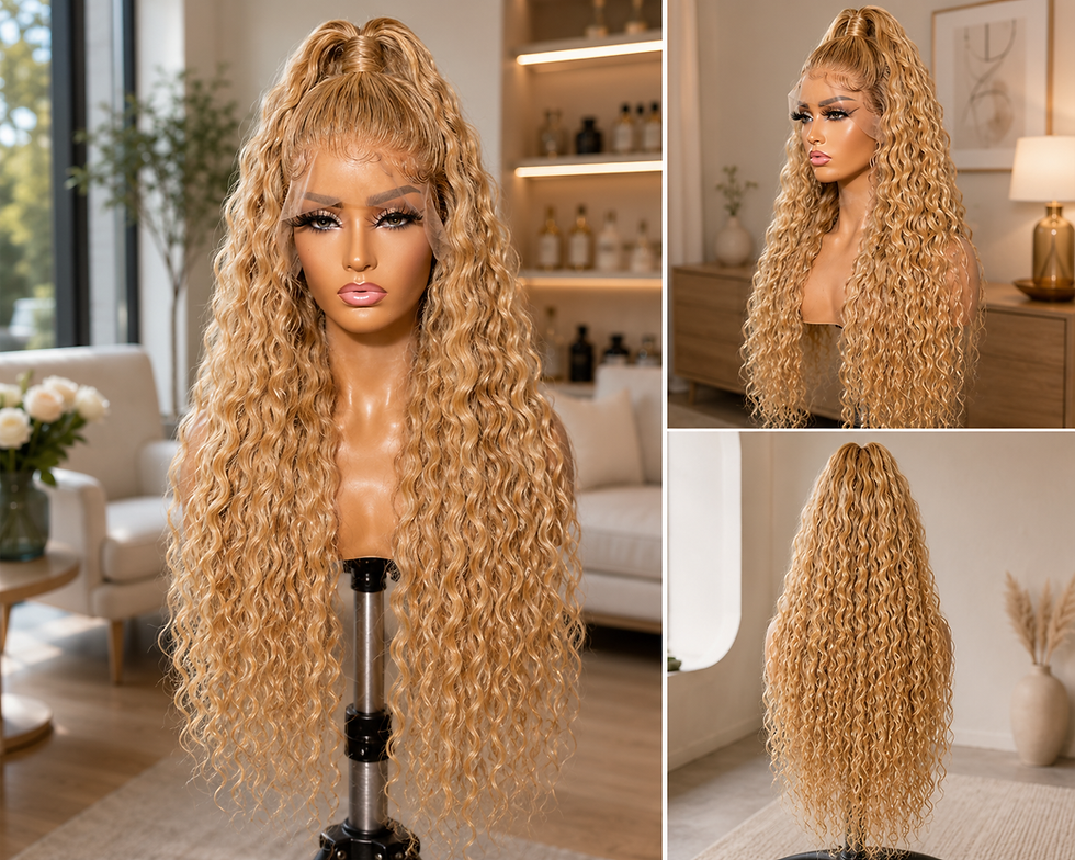 Küçük resim: Long blonde curly virgin human hair wig in half-up style