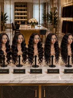Wig display with bone straight, body wave, loose, deep, water, deep curly, kinky curly styles