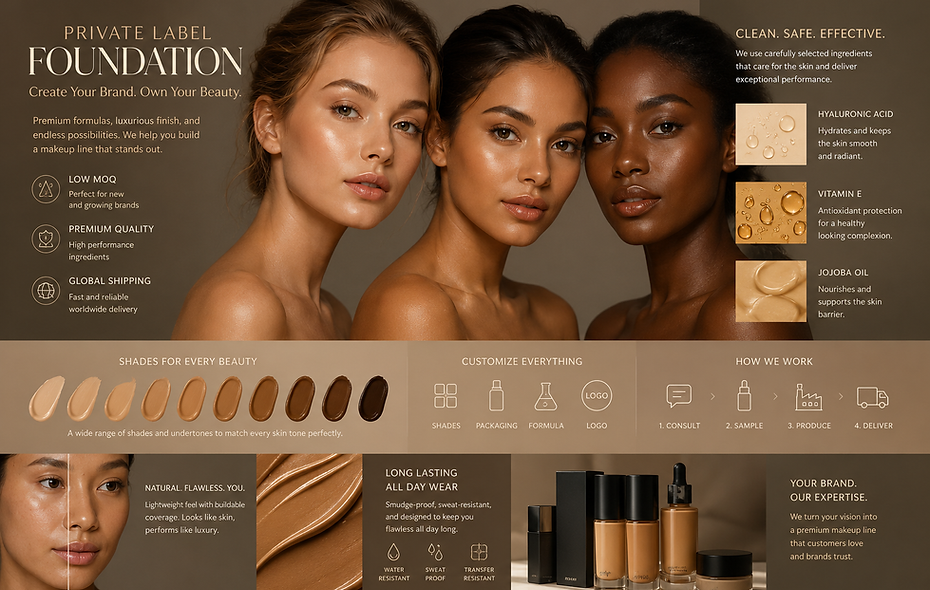 Private label foundation for various skin tones, clean, safe, effective.