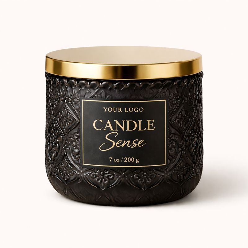 Black embossed glass soy wax candle with gold lid