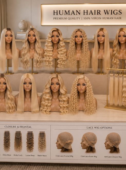 Blonde human hair wigs display with various styles and lace options