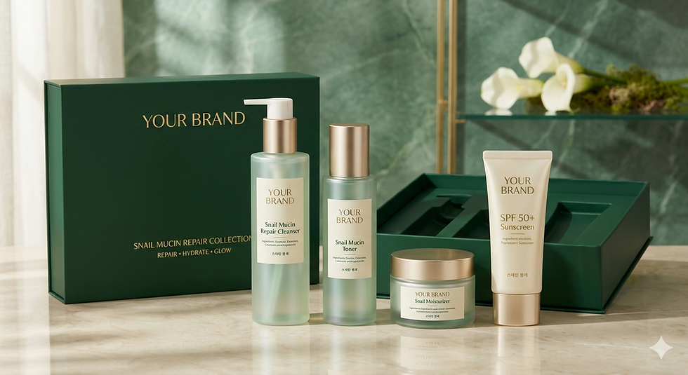 Miniaturebillede: Snail Mucin Skin Renewal Collection in green packaging.
