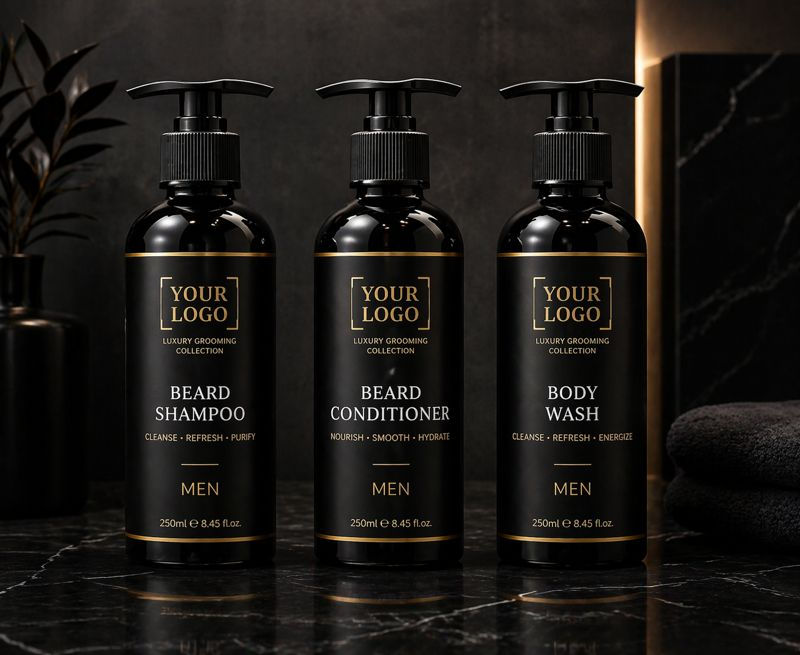 Thumbnail: Luxury private label beard and shave system bottles