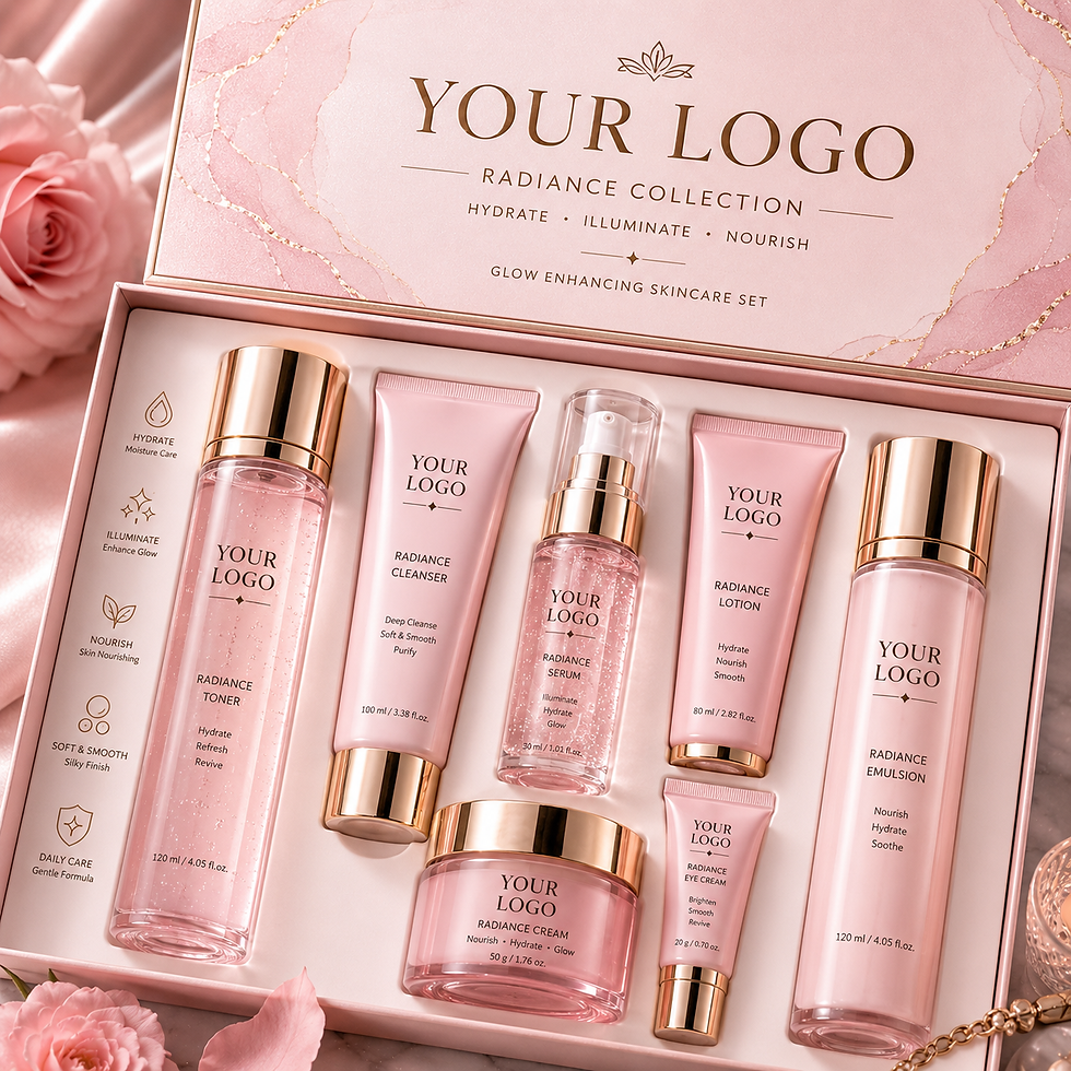 Миниатюра: Luxury private label brightening skincare kit in pink box.